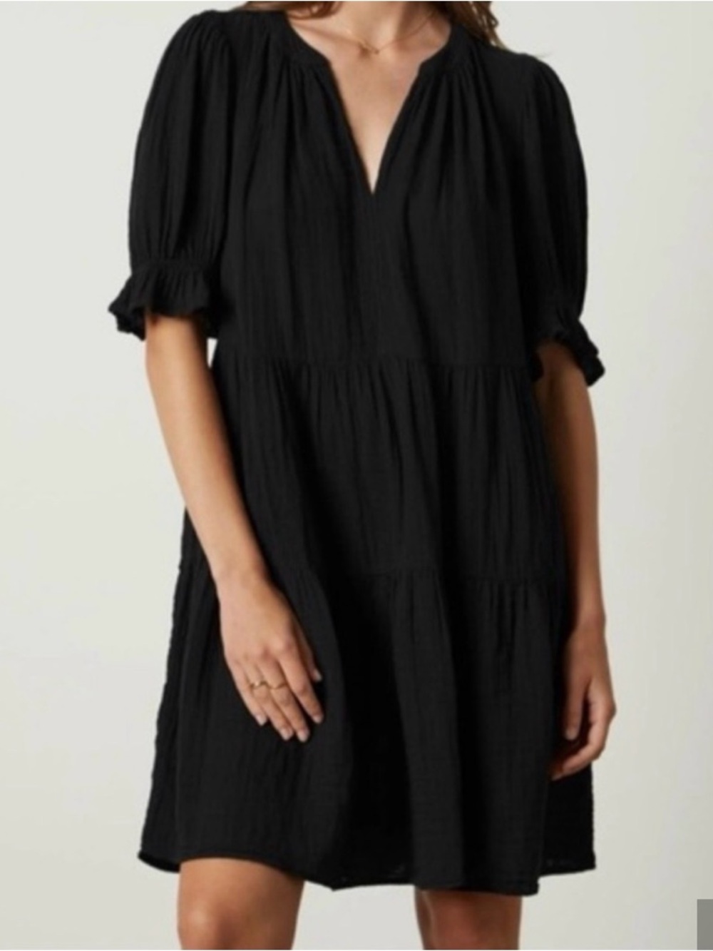 Velvet by Graham & Spencer Black Tiered V-Neck Mini Dress, Size M